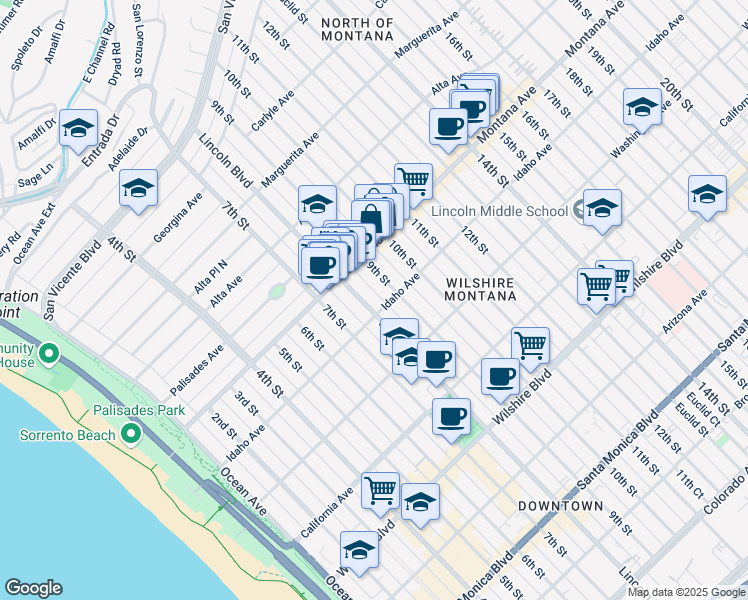 map of restaurants, bars, coffee shops, grocery stores, and more near 817 Lincoln Boulevard in Santa Monica