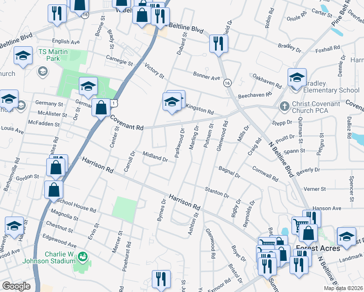 map of restaurants, bars, coffee shops, grocery stores, and more near 2712 Parkwood Drive in Columbia