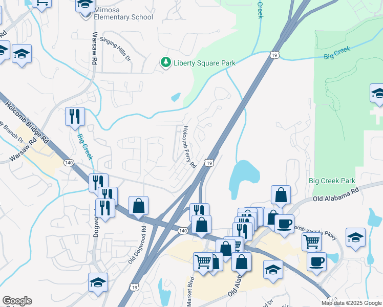 map of restaurants, bars, coffee shops, grocery stores, and more near 218 Chads Ford Way in Roswell