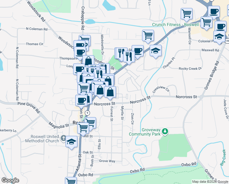 map of restaurants, bars, coffee shops, grocery stores, and more near 1065 Frazier Street in Roswell