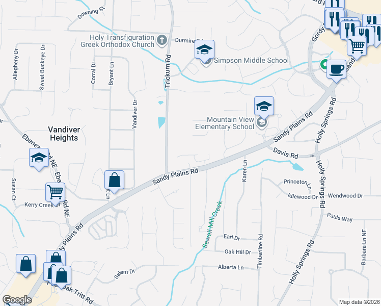 map of restaurants, bars, coffee shops, grocery stores, and more near 2520 Sandy Court in Marietta