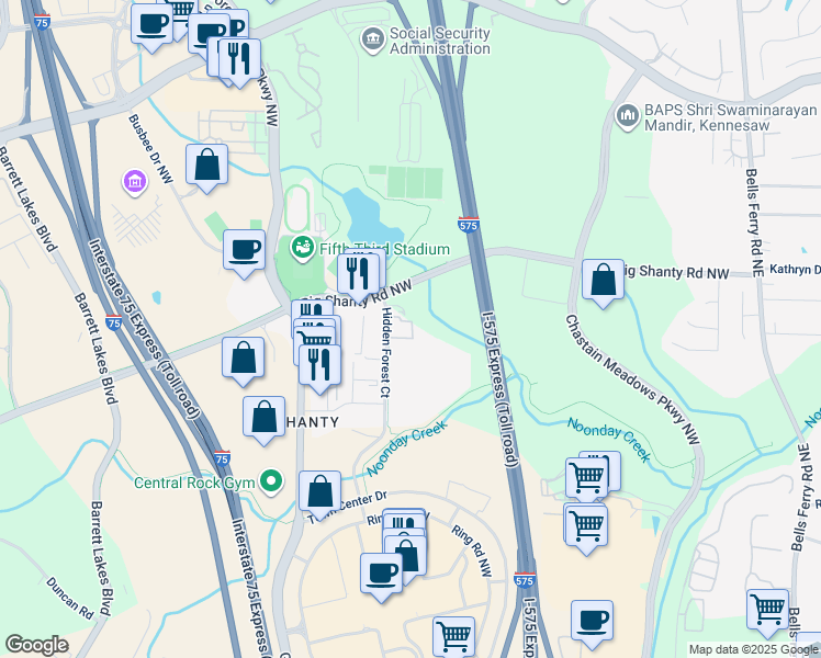 map of restaurants, bars, coffee shops, grocery stores, and more near 3098 Hidden Forest Court in Marietta