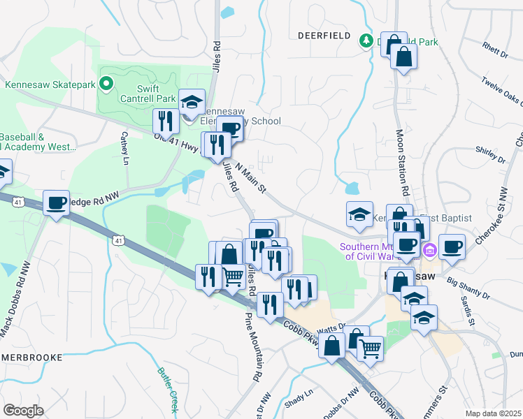 map of restaurants, bars, coffee shops, grocery stores, and more near 2980 Porsche Place in Kennesaw