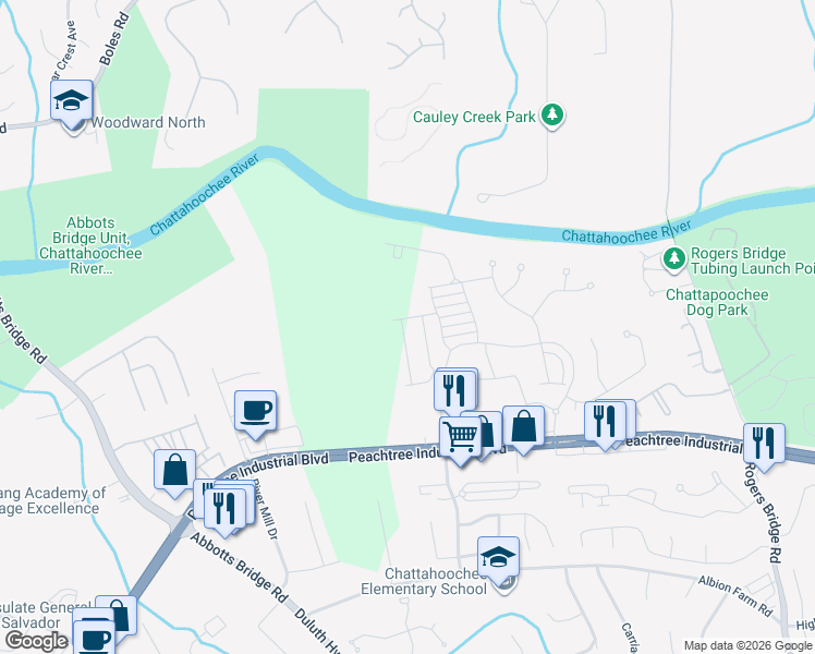 map of restaurants, bars, coffee shops, grocery stores, and more near 2833 Peachtree Industrial Boulevard in Duluth