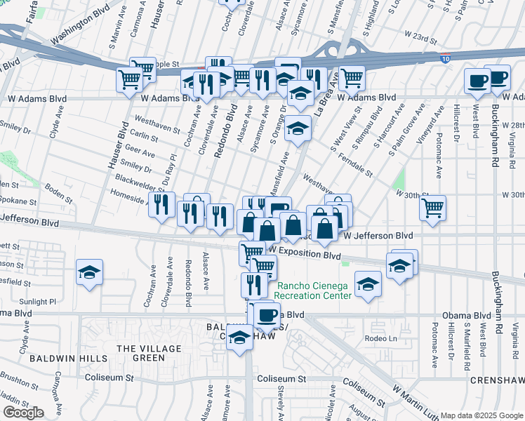 map of restaurants, bars, coffee shops, grocery stores, and more near 5101 Roseland Street in Los Angeles