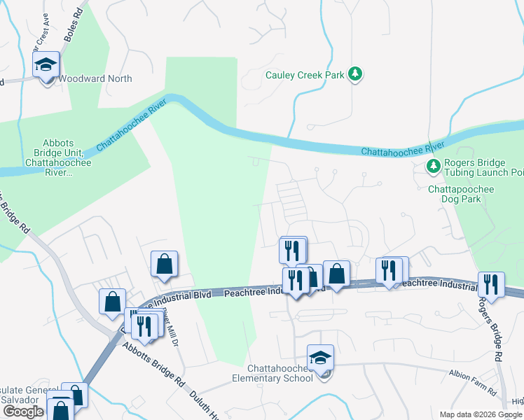 map of restaurants, bars, coffee shops, grocery stores, and more near 2833 Peachtree Industrial Boulevard in Duluth