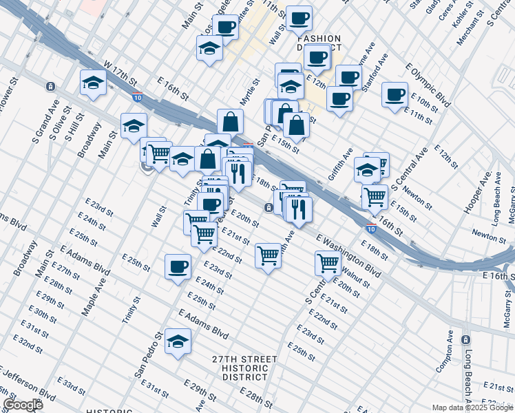 map of restaurants, bars, coffee shops, grocery stores, and more near 744 East 18th Street in Los Angeles