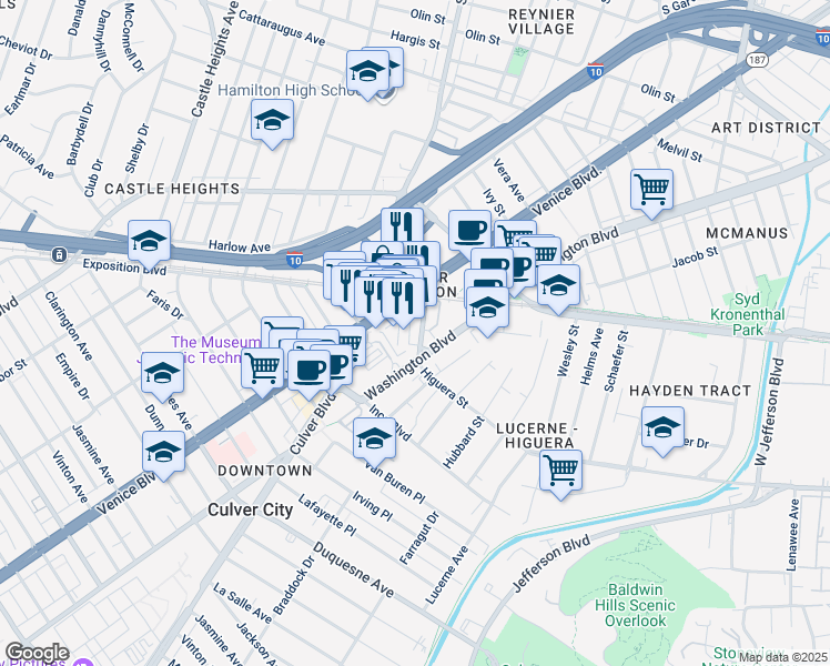 map of restaurants, bars, coffee shops, grocery stores, and more near 3710 Hoke Avenue in Culver City