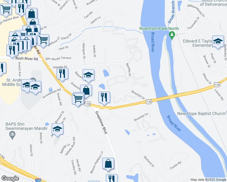 map of restaurants, bars, coffee shops, grocery stores, and more near 900 River Hill Circle in Columbia