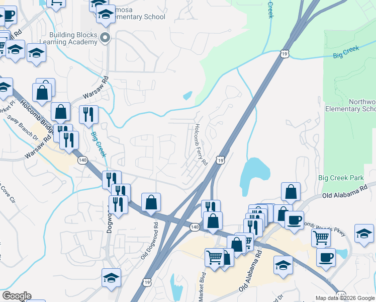 map of restaurants, bars, coffee shops, grocery stores, and more near 205 High Creek Drive in Roswell