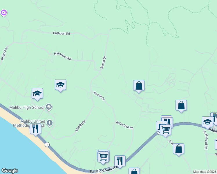 map of restaurants, bars, coffee shops, grocery stores, and more near 29502 Harvester Road in Malibu