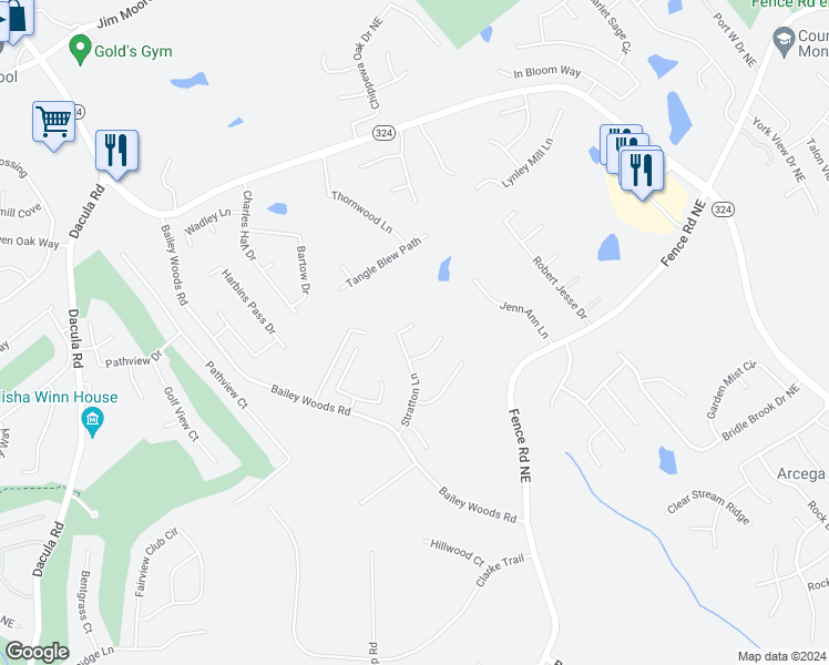 map of restaurants, bars, coffee shops, grocery stores, and more near 3395 Stratton Lane in Dacula