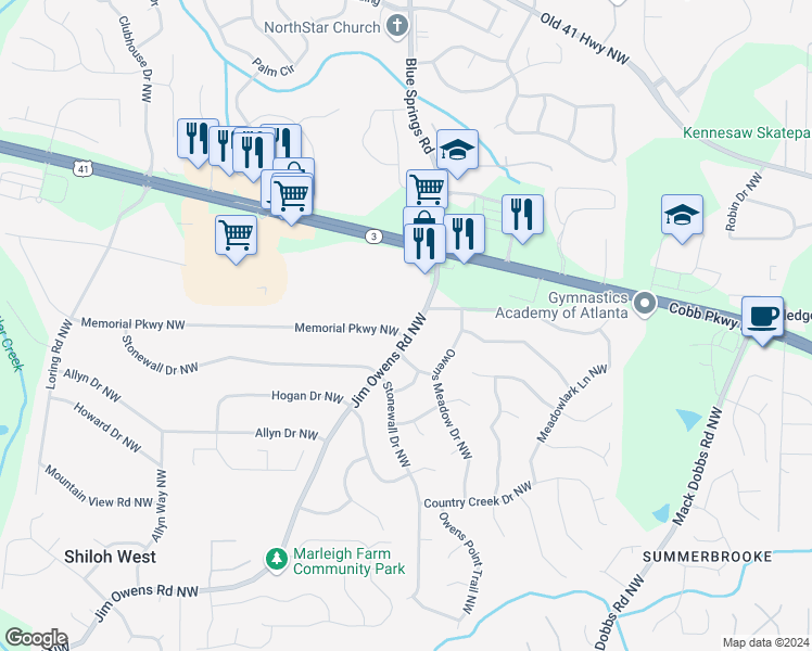 map of restaurants, bars, coffee shops, grocery stores, and more near 3456 Memorial Parkway Northwest in Kennesaw