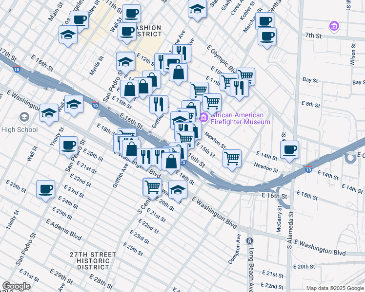 map of restaurants, bars, coffee shops, grocery stores, and more near 1525 Essex Street in Los Angeles