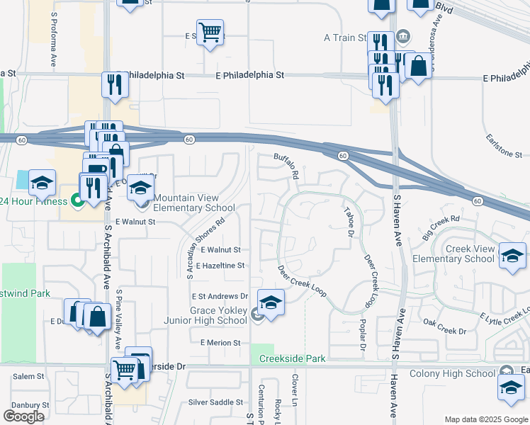 map of restaurants, bars, coffee shops, grocery stores, and more near 2529 Caribou Place in Ontario