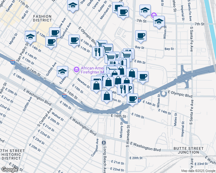 map of restaurants, bars, coffee shops, grocery stores, and more near 1216 Compton Avenue in Los Angeles