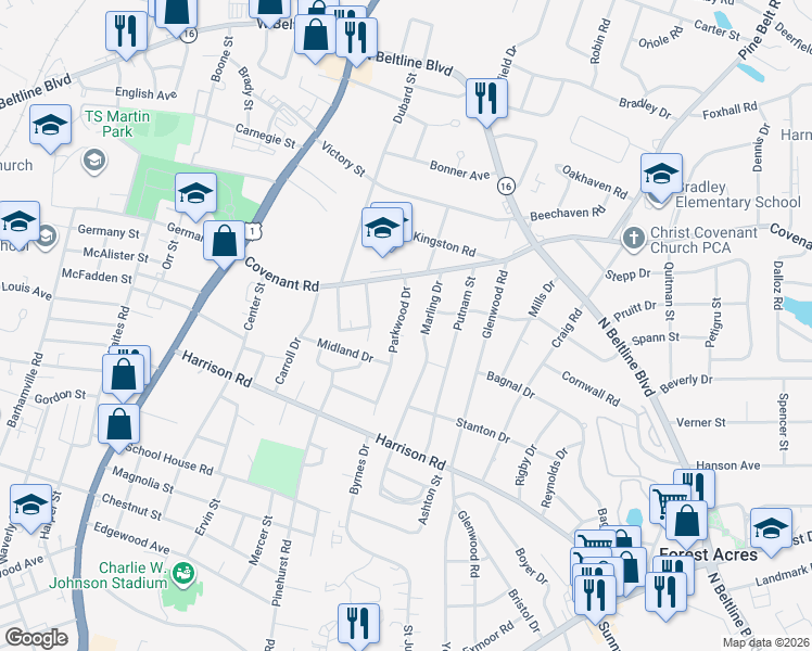 map of restaurants, bars, coffee shops, grocery stores, and more near 2712 Parkwood Drive in Columbia