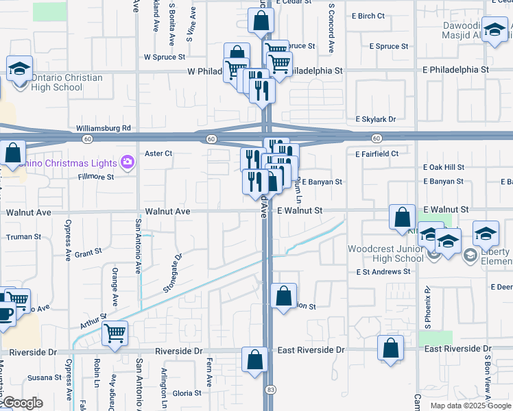 map of restaurants, bars, coffee shops, grocery stores, and more near 95 California 83 in Ontario