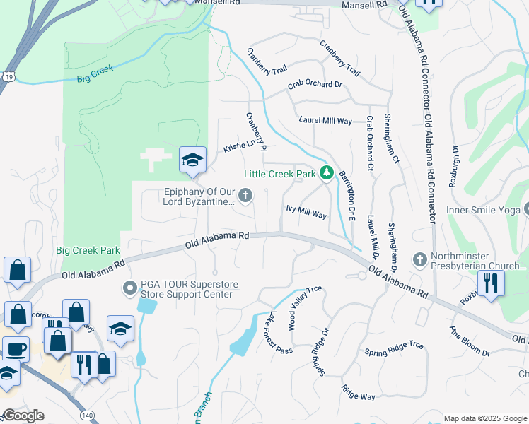 map of restaurants, bars, coffee shops, grocery stores, and more near 1070 Barrington Landing Court in Roswell