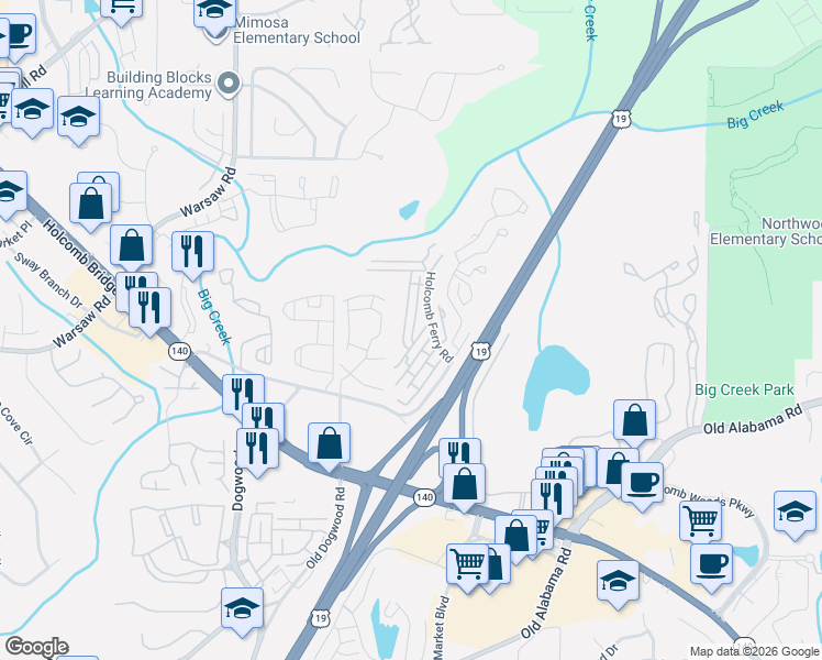 map of restaurants, bars, coffee shops, grocery stores, and more near 205 High Creek Drive in Roswell