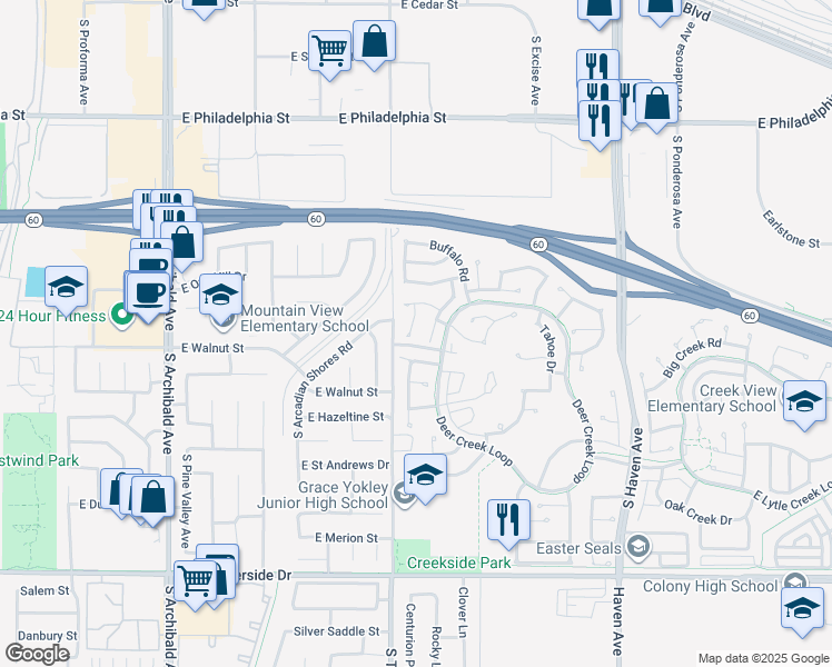 map of restaurants, bars, coffee shops, grocery stores, and more near 2529 Caribou Place in Ontario