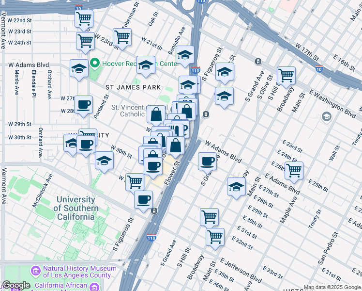 map of restaurants, bars, coffee shops, grocery stores, and more near 530 West 27th Street in Los Angeles