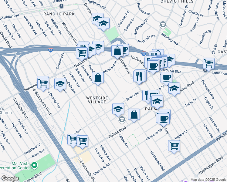 map of restaurants, bars, coffee shops, grocery stores, and more near 3284 Glendon Avenue in Los Angeles