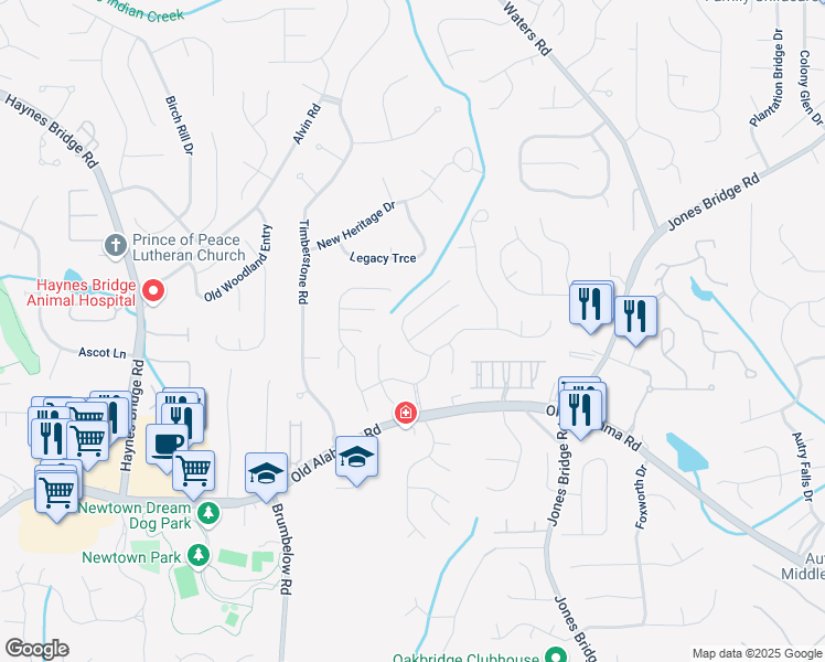 map of restaurants, bars, coffee shops, grocery stores, and more near 510 Rosedown Way in Alpharetta