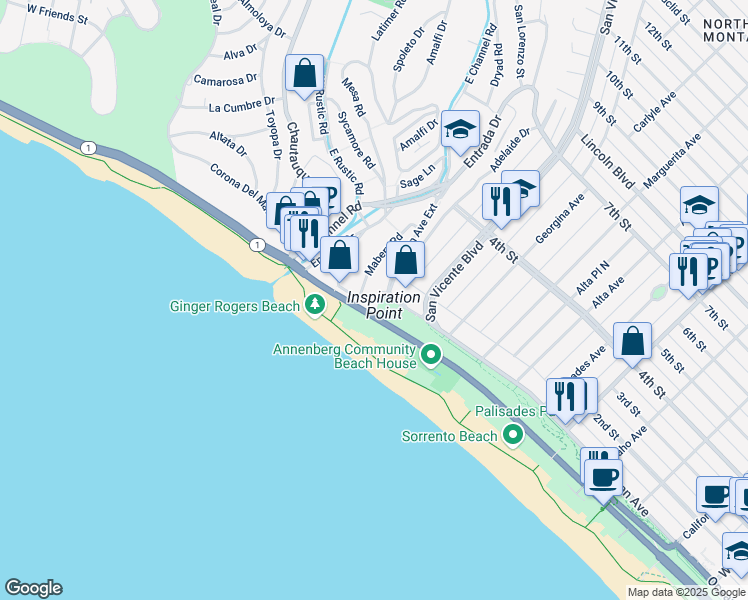 map of restaurants, bars, coffee shops, grocery stores, and more near 101 Ocean Avenue in Santa Monica