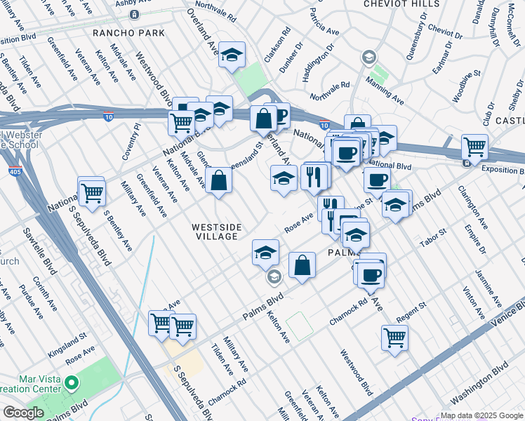 map of restaurants, bars, coffee shops, grocery stores, and more near 3261 Overland Avenue in Los Angeles