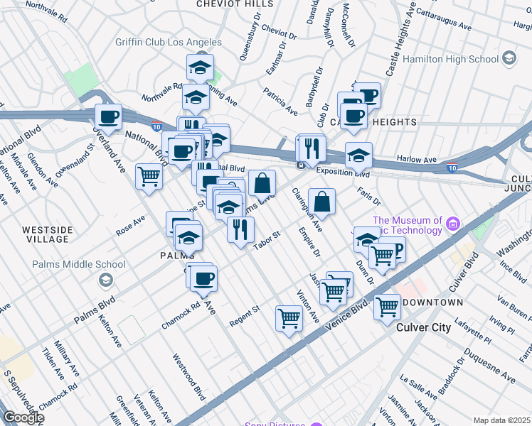 map of restaurants, bars, coffee shops, grocery stores, and more near 3455 Jasmine Avenue in Los Angeles