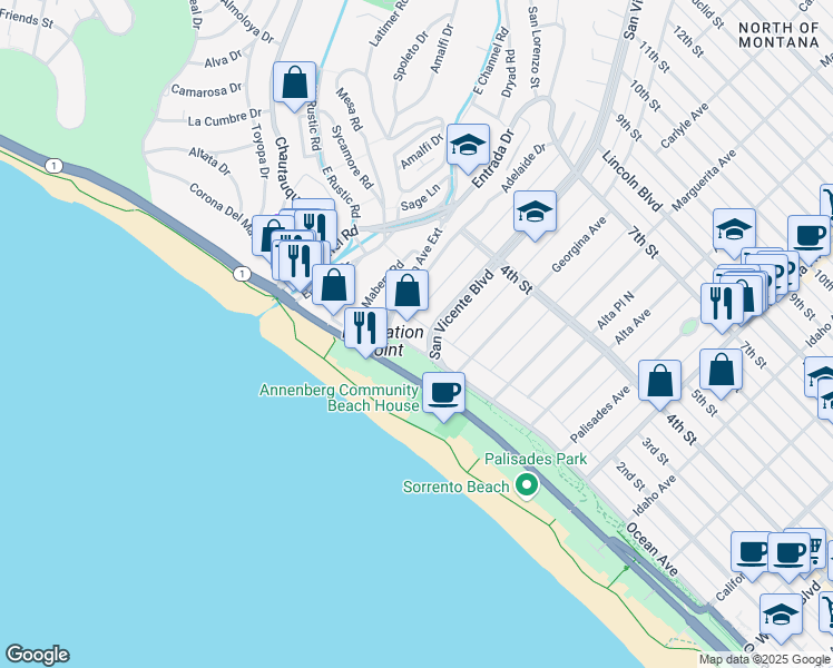 map of restaurants, bars, coffee shops, grocery stores, and more near 201 Ocean Avenue Extension in Santa Monica