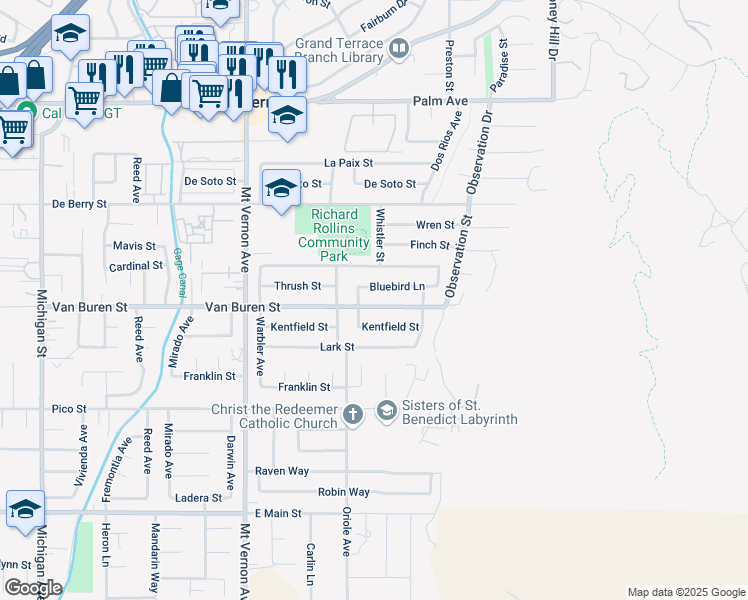map of restaurants, bars, coffee shops, grocery stores, and more near 22770 Bluebird Lane in Grand Terrace