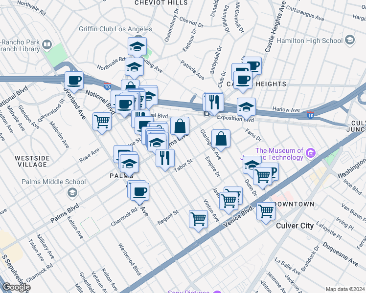 map of restaurants, bars, coffee shops, grocery stores, and more near 3525 Jasmine Avenue in Los Angeles