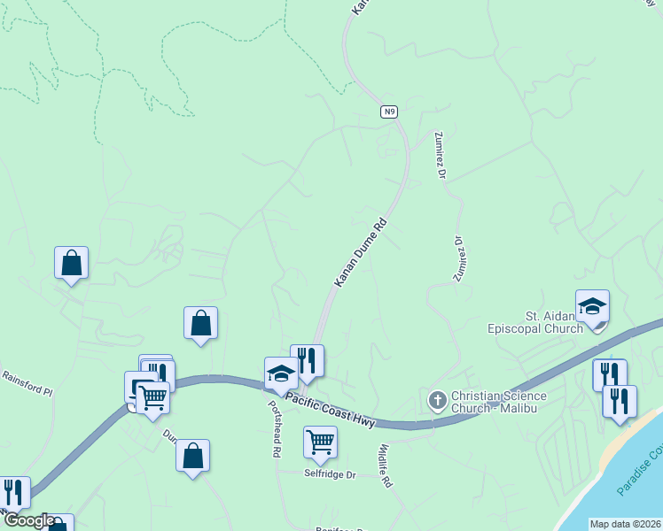 map of restaurants, bars, coffee shops, grocery stores, and more near 6061 Kanan Dume Road in Malibu