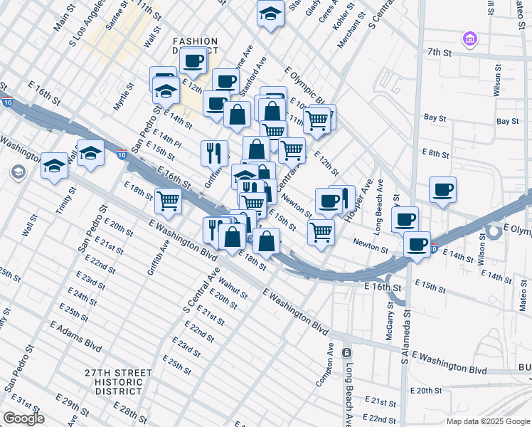map of restaurants, bars, coffee shops, grocery stores, and more near 1503 South Central Avenue in Los Angeles