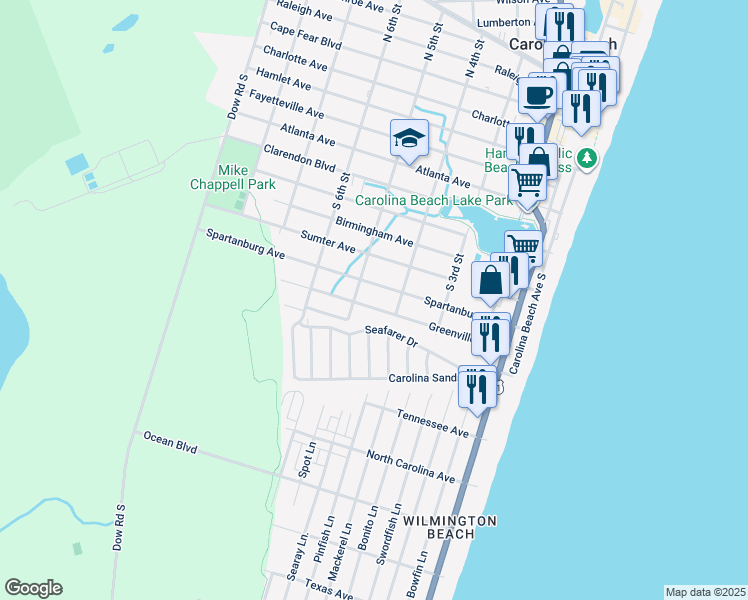 map of restaurants, bars, coffee shops, grocery stores, and more near 410 Greenville Avenue in Carolina Beach