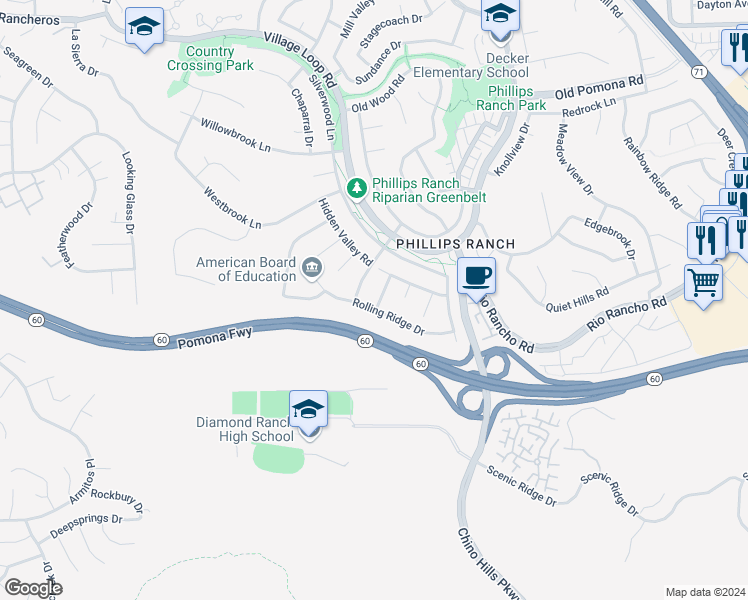 map of restaurants, bars, coffee shops, grocery stores, and more near 3 Ravenhill Drive in Pomona