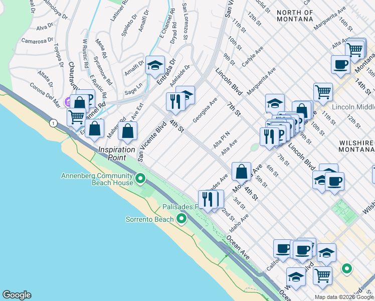 map of restaurants, bars, coffee shops, grocery stores, and more near 301 Marguerita Avenue in Santa Monica
