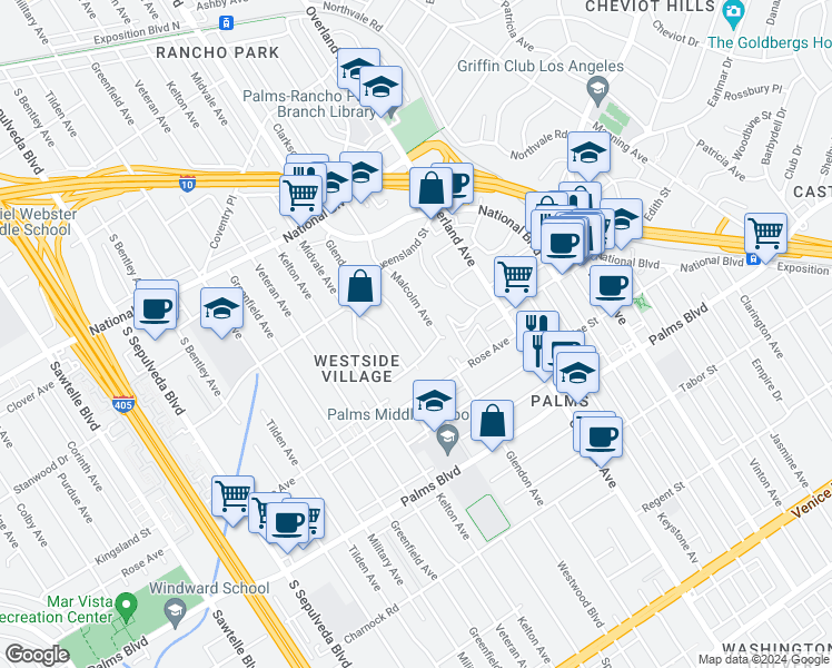 map of restaurants, bars, coffee shops, grocery stores, and more near 3284 Glendon Avenue in Los Angeles