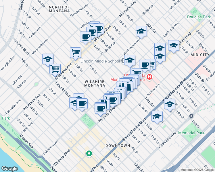 map of restaurants, bars, coffee shops, grocery stores, and more near 1050 12th Street in Santa Monica