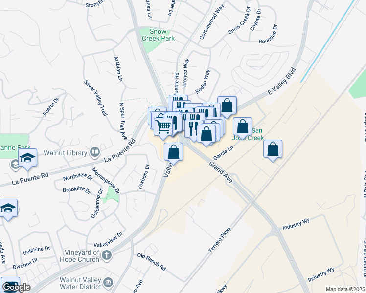 map of restaurants, bars, coffee shops, grocery stores, and more near 21550 Valley Blvd in Walnut