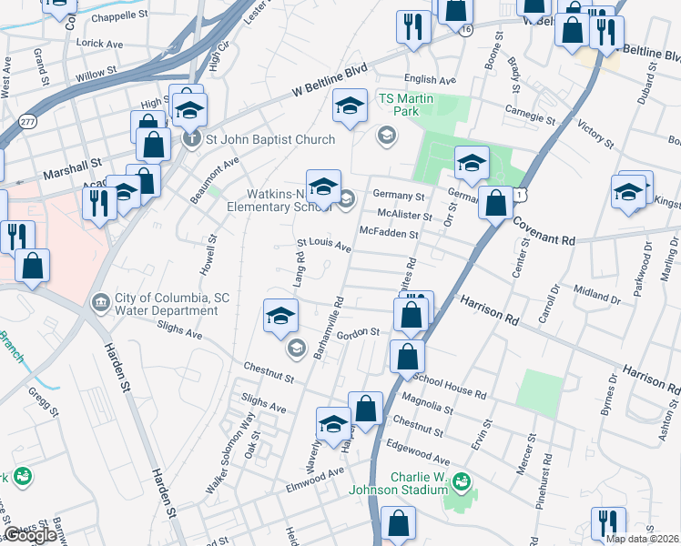 map of restaurants, bars, coffee shops, grocery stores, and more near 3132 Windwood Place in Columbia