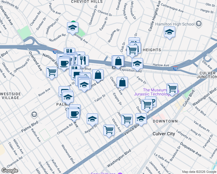 map of restaurants, bars, coffee shops, grocery stores, and more near 10138 Palms Boulevard in Los Angeles