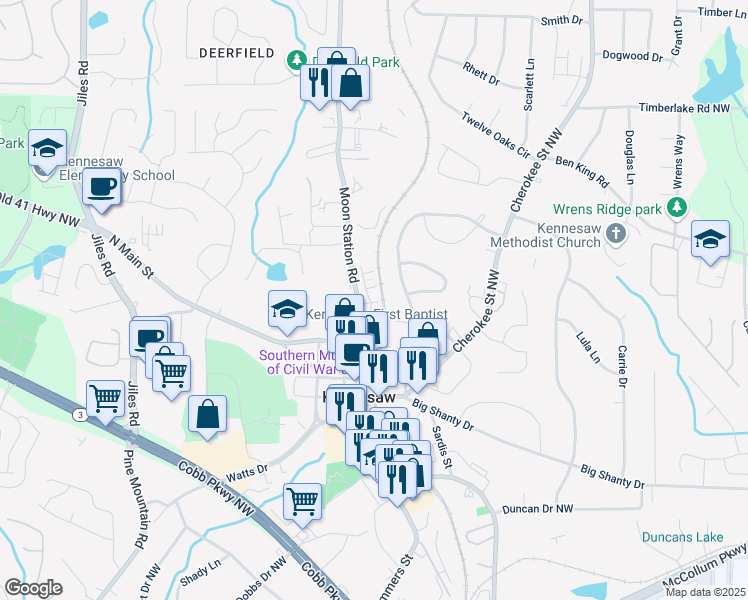 map of restaurants, bars, coffee shops, grocery stores, and more near 2110 Prichard Park Drive in Kennesaw