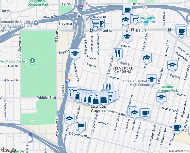map of restaurants, bars, coffee shops, grocery stores, and more near 618 South McBride Avenue in East Los Angeles