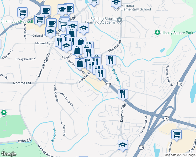 map of restaurants, bars, coffee shops, grocery stores, and more near 915 Holcomb Bridge Road in Roswell