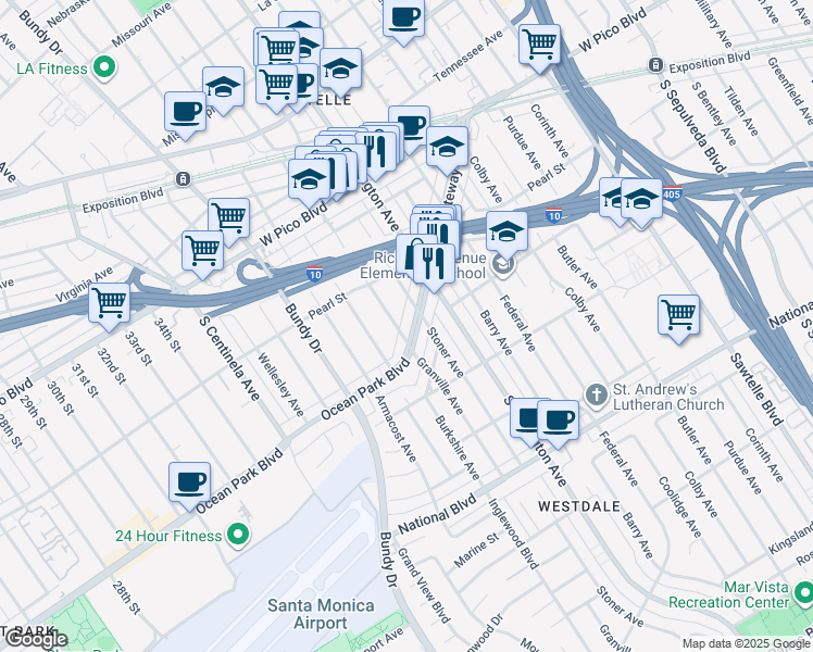map of restaurants, bars, coffee shops, grocery stores, and more near 11785 Gateway Boulevard in Los Angeles