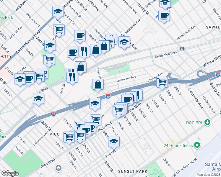 map of restaurants, bars, coffee shops, grocery stores, and more near in Santa Monica