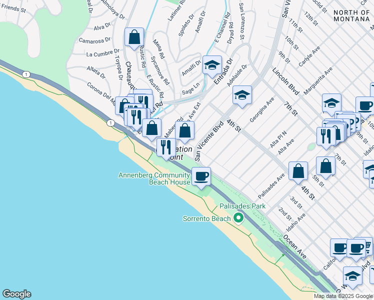 map of restaurants, bars, coffee shops, grocery stores, and more near 201 Ocean Avenue Extension in Santa Monica